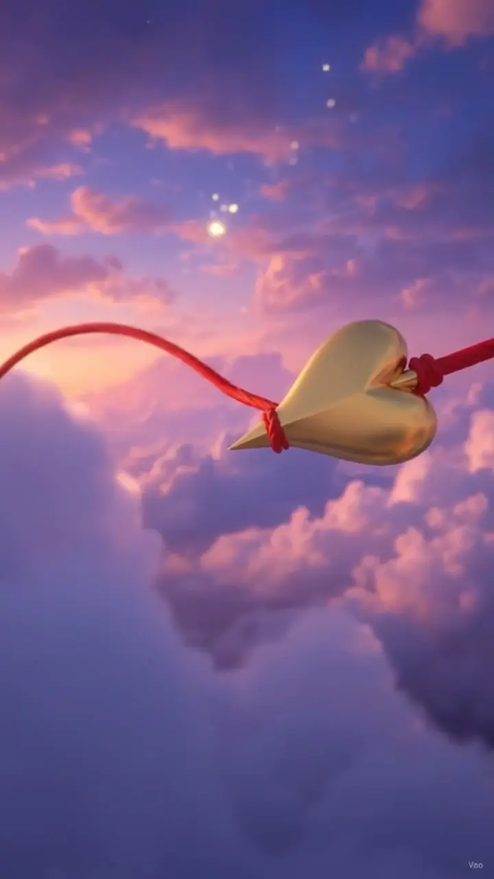 A golden arrow carrying a red thread through the clouds